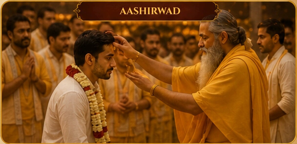 Aashirwad ceremony — saint blessing a devotee